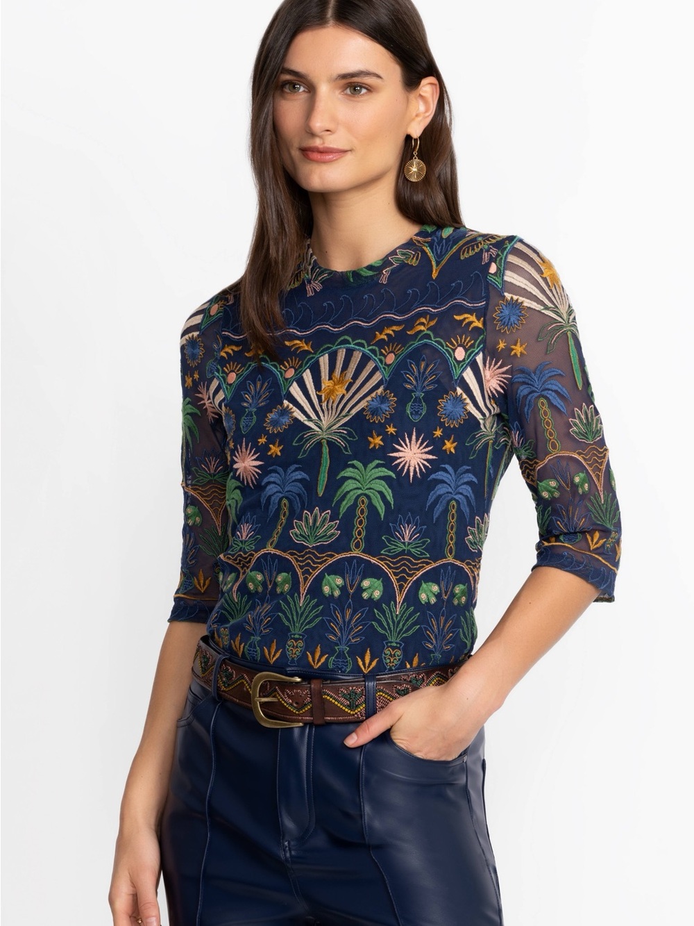 Jade by Johnny Was Navy Multicolor Tropical Floral Embroidered Mesh Kaia Shirt